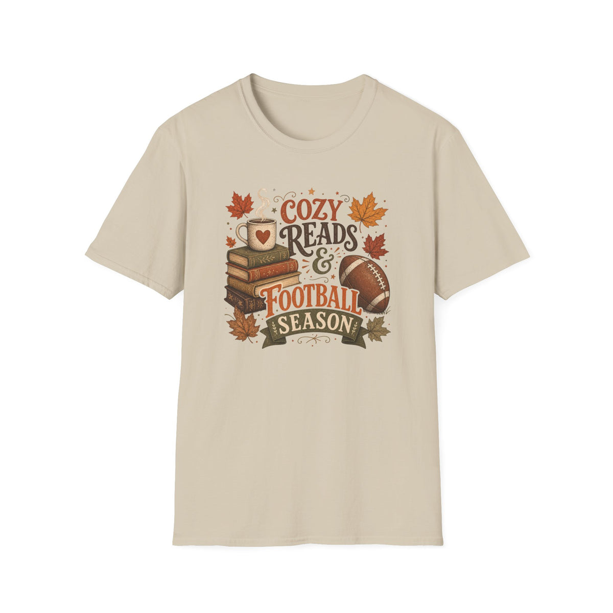 Unisex Softstyle T-Shirt, Cozy Reads and Football Season Shirt, Fall Book Lover Tee, Autumn Game Day Gift