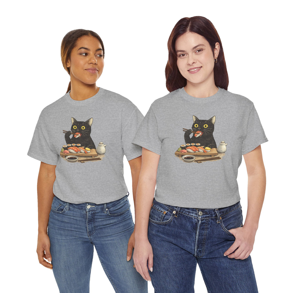 Unisex Heavy Cotton Tee, cat eating sushi