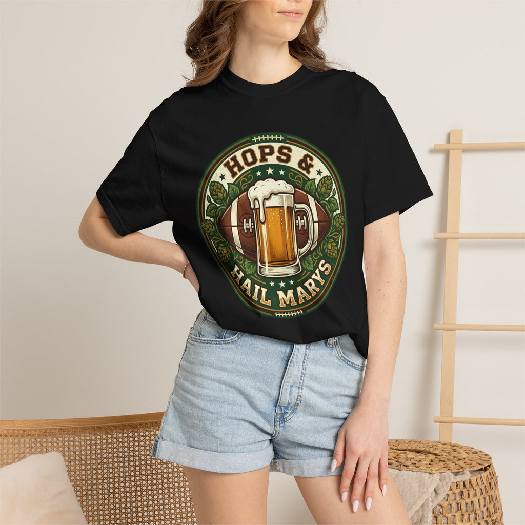 Unisex Garment-Dyed T-shirt, Hops and Hail Marys Shirt, Funny Beer Football Tee, Vintage Sports Shirt, Football Tailgate Gift, Beer Lover Football Apparel