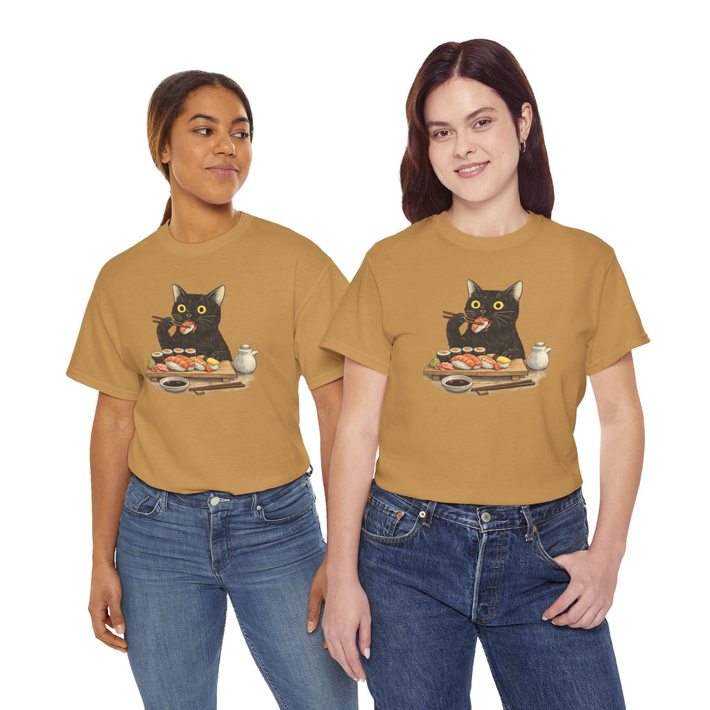 Unisex Heavy Cotton Tee, cat eating sushi