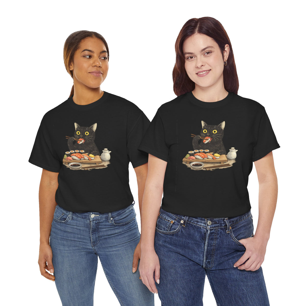 Unisex Heavy Cotton Tee, cat eating sushi