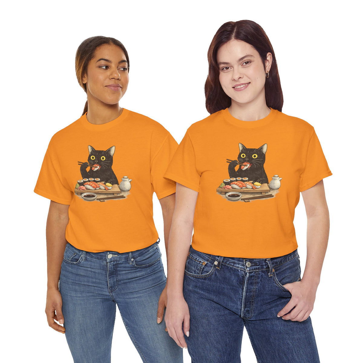 Unisex Heavy Cotton Tee, cat eating sushi