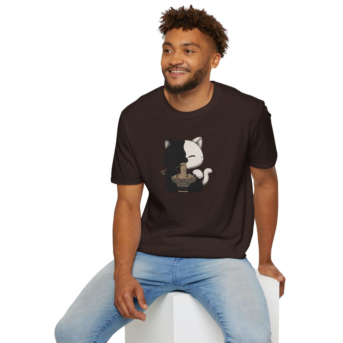 Unisex Softstyle T-Shirt, Cat eating Ramen