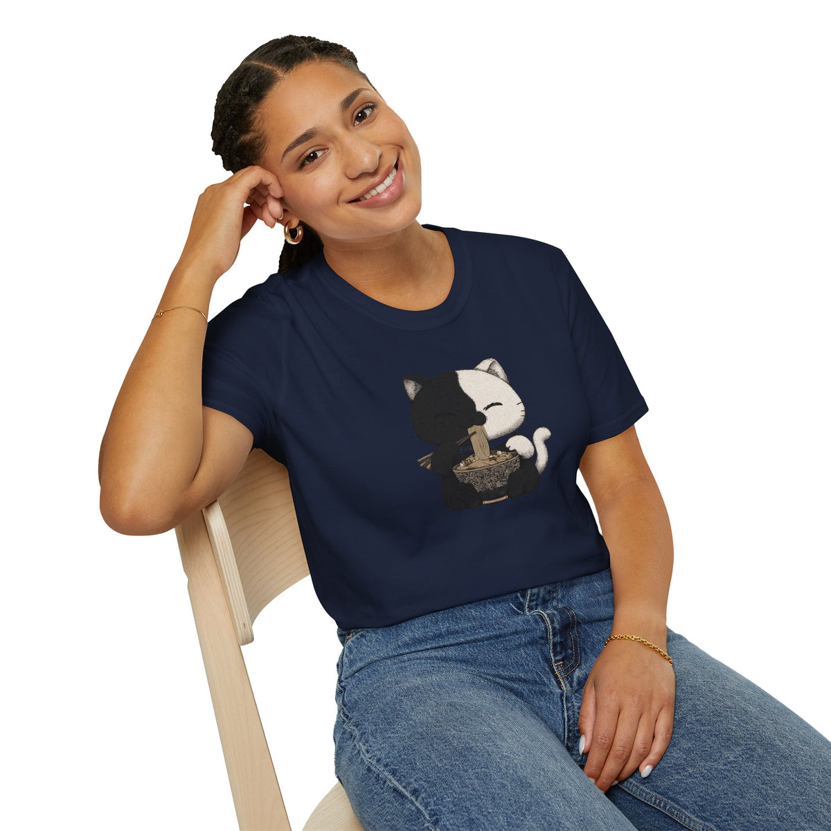 Unisex Softstyle T-Shirt, Cat eating Ramen