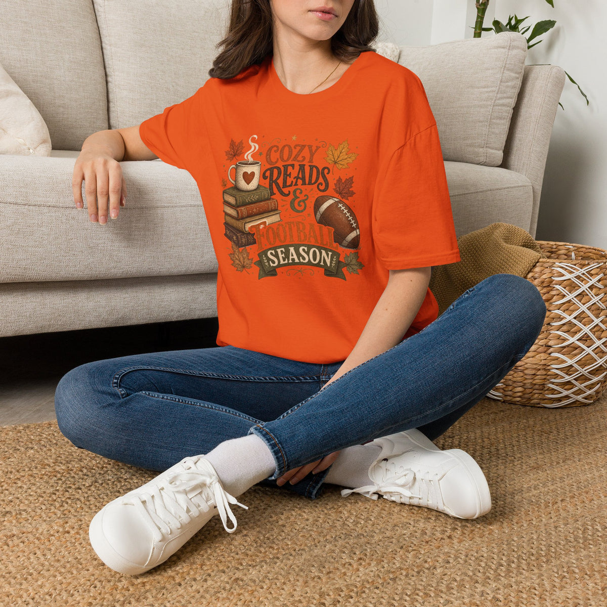 Unisex Softstyle T-Shirt, Cozy Reads and Football Season Shirt, Fall Book Lover Tee, Autumn Game Day Gift