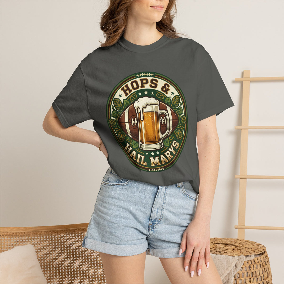 Unisex Garment-Dyed T-shirt, Hops and Hail Marys Shirt, Funny Beer Football Tee, Vintage Sports Shirt, Football Tailgate Gift, Beer Lover Football Apparel