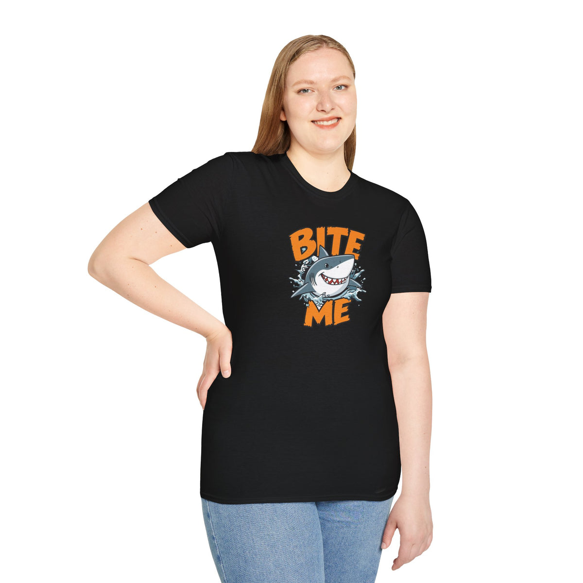 Unisex Softstyle T-Shirt,Bite Me Shark Shirt, Funny Beach Tee, Summer Ocean Shirt, Shark Lover Gift, Coastal Humor T-Shirt
