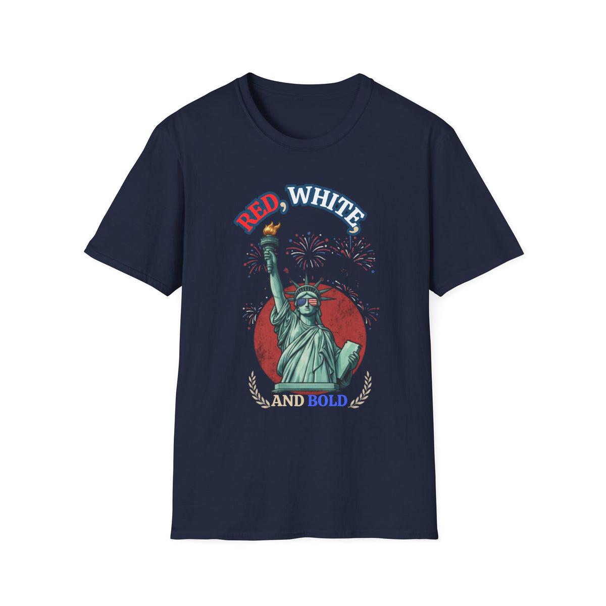 Unisex Softstyle T-Shirt, red white and bold statue of liberty