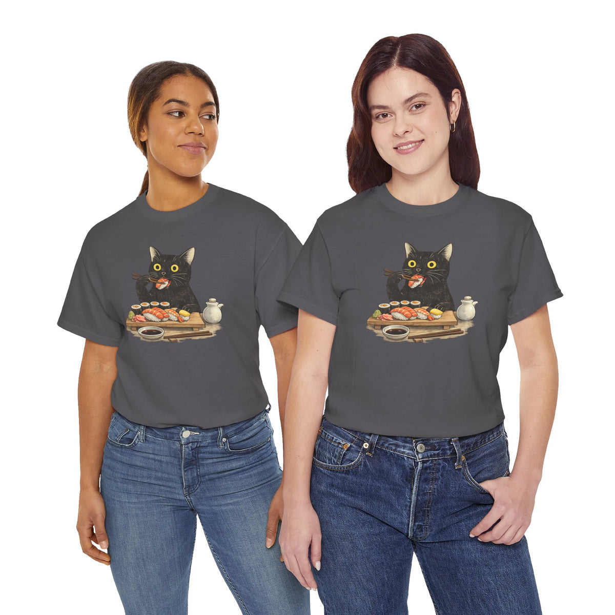 Unisex Heavy Cotton Tee, cat eating sushi