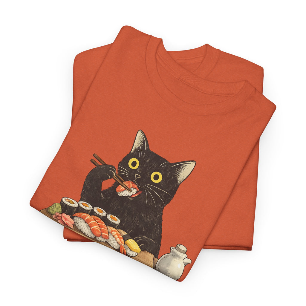 Unisex Heavy Cotton Tee, cat eating sushi