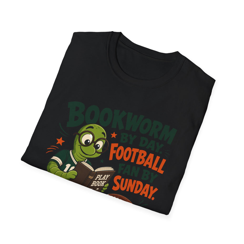 Unisex Softstyle T-Shirt, Bookworm by Day Football Fan by Sunday Shirt, Funny Reader Gift, Football Season Tee
