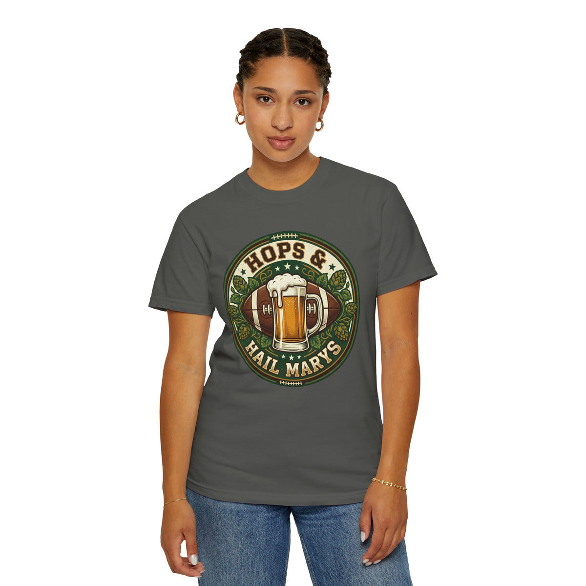 Unisex Garment-Dyed T-shirt, Hops and Hail Marys Shirt, Funny Beer Football Tee, Vintage Sports Shirt, Football Tailgate Gift, Beer Lover Football Apparel