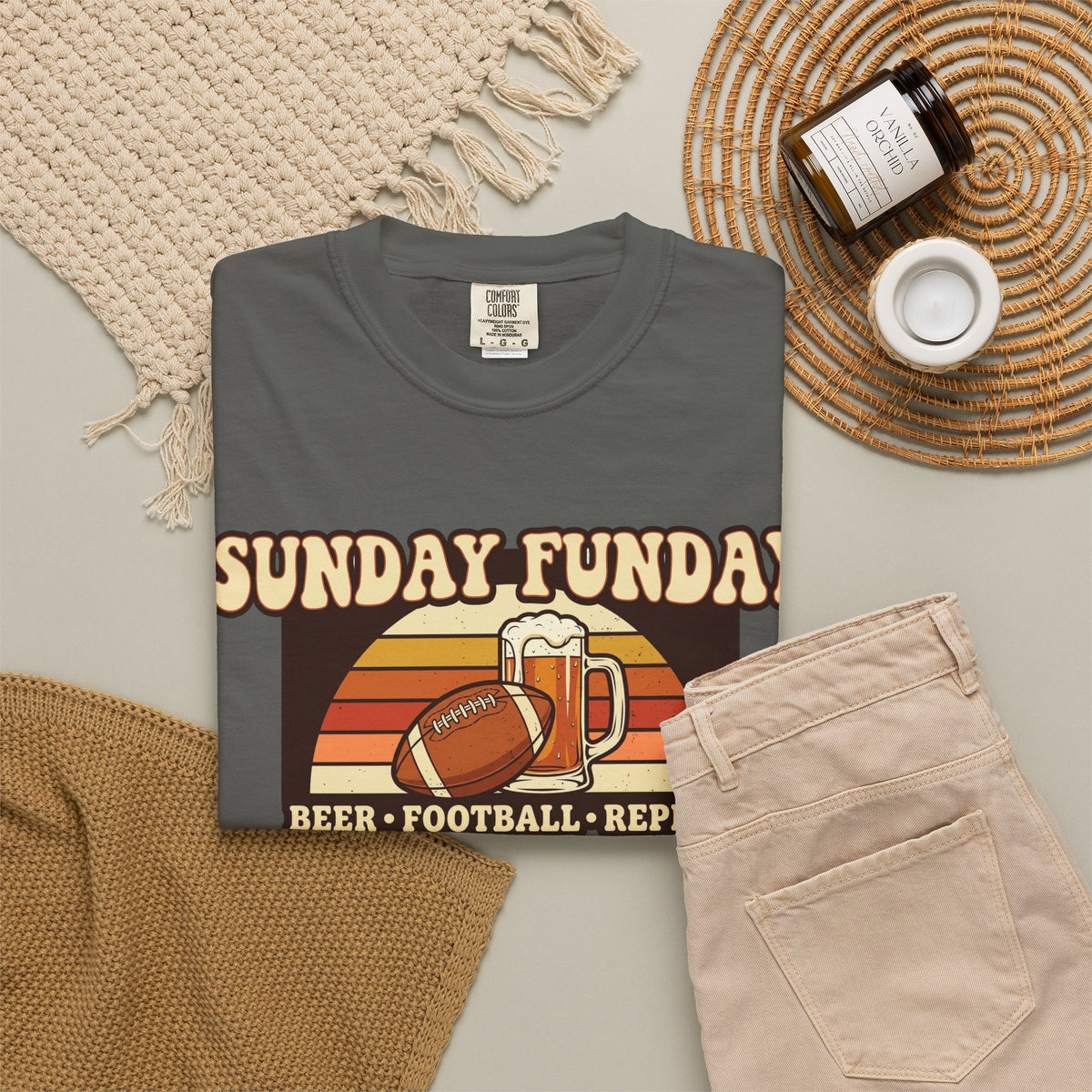 Unisex Garment-Dyed T-shirt, Sunday Funday Football Shirt, Beer Football Repeat Tee, Retro Game Day Shirt, Vintage Football Season Gift, Tailgate T-Shirt