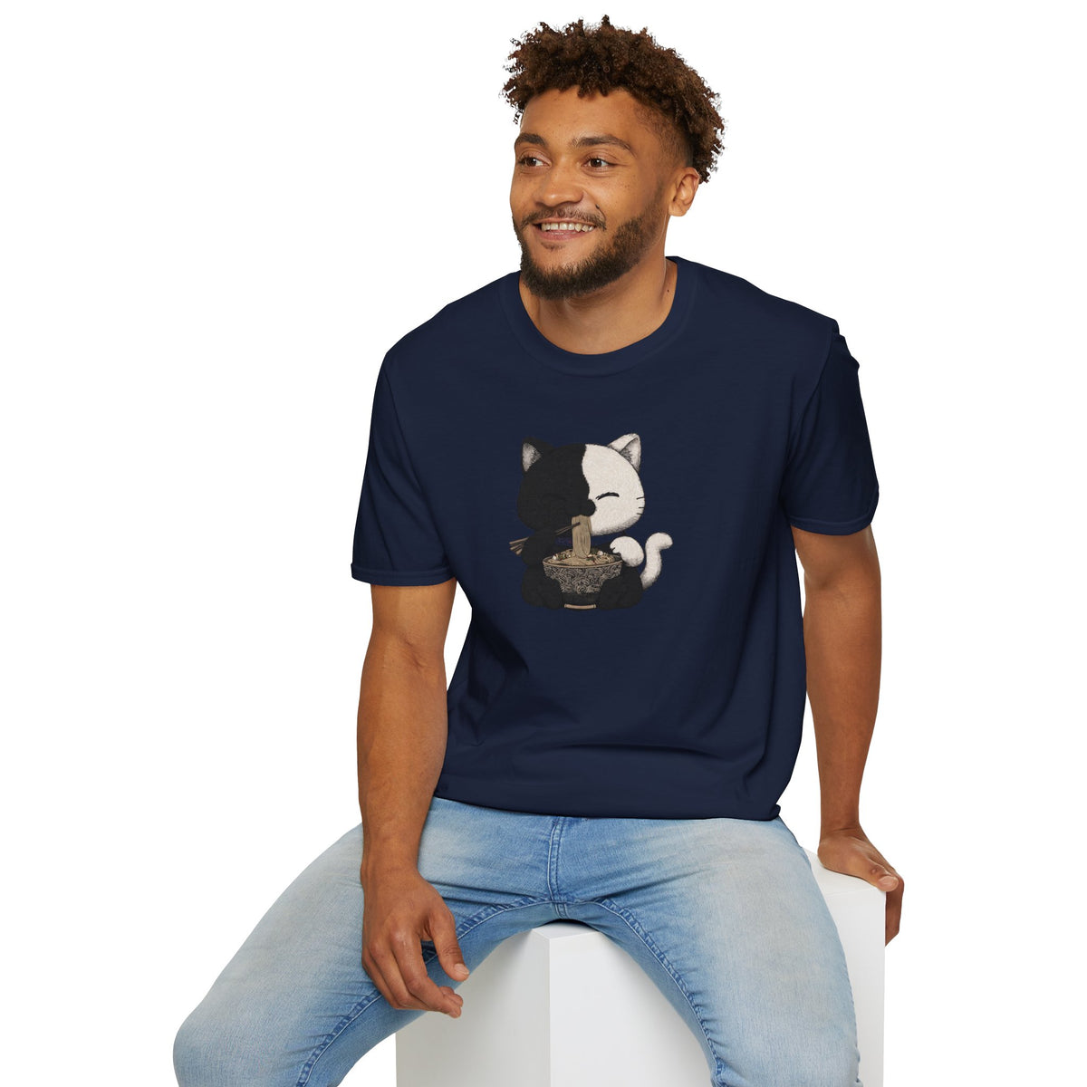 Unisex Softstyle T-Shirt, Cat eating Ramen