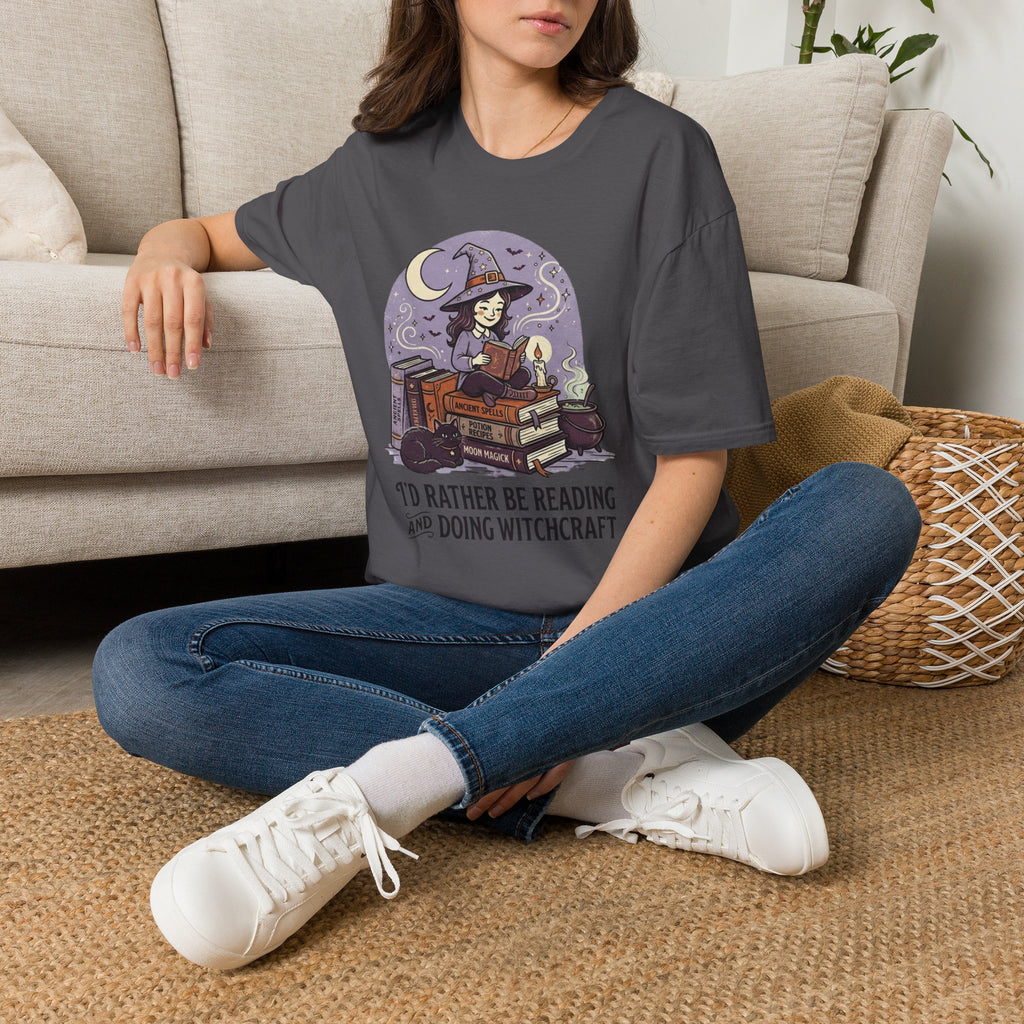 Unisex Softstyle T-Shirt, Witch Reading Halloween Shirt, I'd Rather Be Reading Tee, Witchy Book Lover Shirt, Spooky Season Bookworm Gift