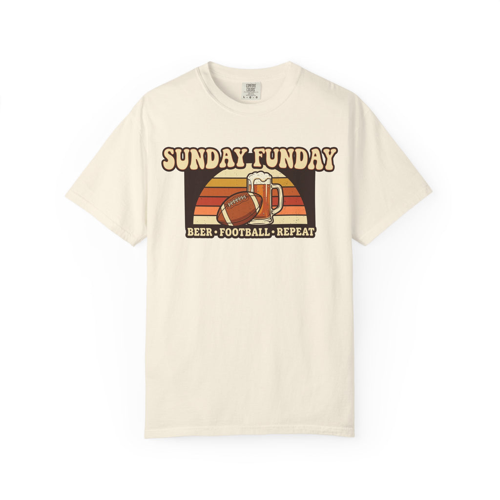 Unisex Garment-Dyed T-shirt, Sunday Funday Football Shirt, Beer Football Repeat Tee, Retro Game Day Shirt, Vintage Football Season Gift, Tailgate T-Shirt