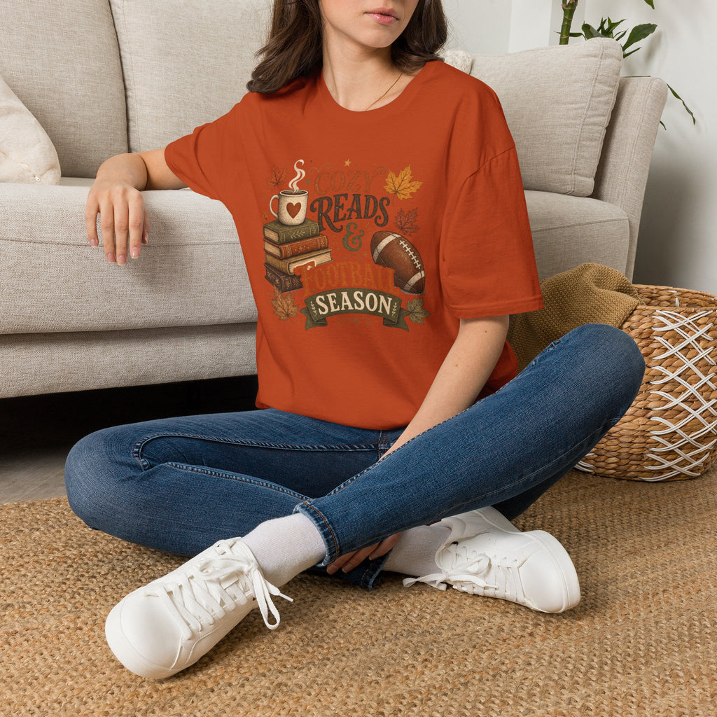Unisex Softstyle T-Shirt, Cozy Reads and Football Season Shirt, Fall Book Lover Tee, Autumn Game Day Gift