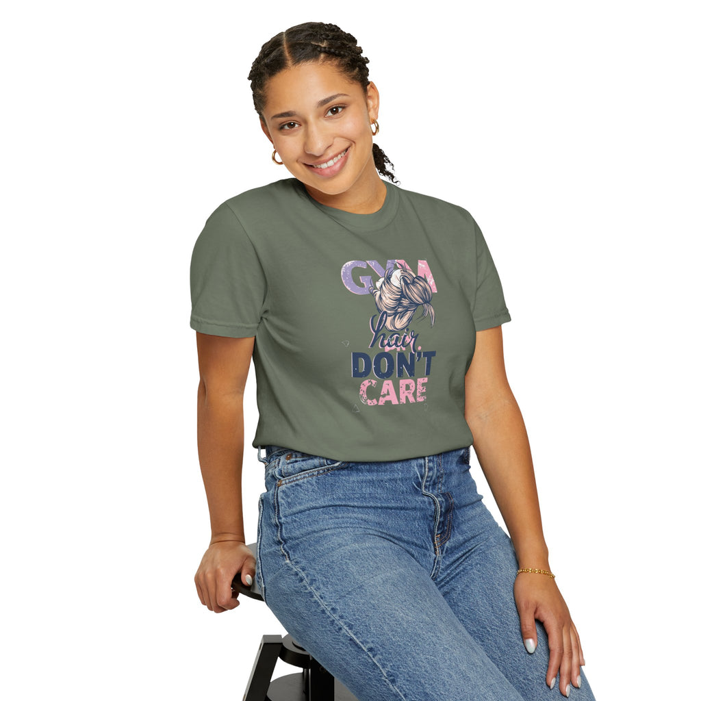 Unisex Garment-Dyed T-shirt,Gym Hair Don’t Care Shirt, Cute Workout Shirt Women, Funny Gym Tee, Messy Bun Fitness Shirt, Comfort Colors Women Gym