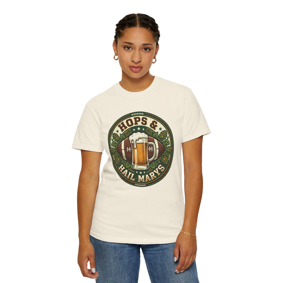 Unisex Garment-Dyed T-shirt, Hops and Hail Marys Shirt, Funny Beer Football Tee, Vintage Sports Shirt, Football Tailgate Gift, Beer Lover Football Apparel