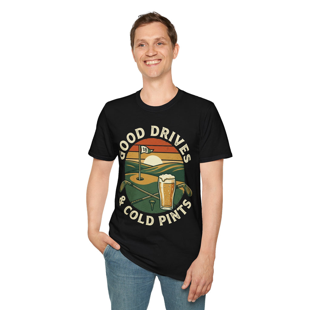 Unisex Softstyle T-Shirt, Good Drives and Cold Pints Shirt, Vintage Golf Beer T-Shirt, Golf Trip Gift
