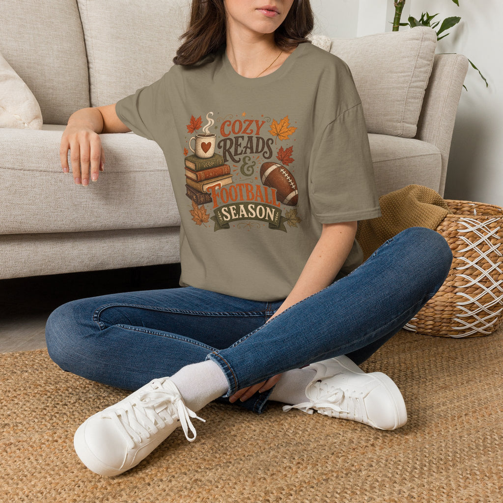 Unisex Softstyle T-Shirt, Cozy Reads and Football Season Shirt, Fall Book Lover Tee, Autumn Game Day Gift