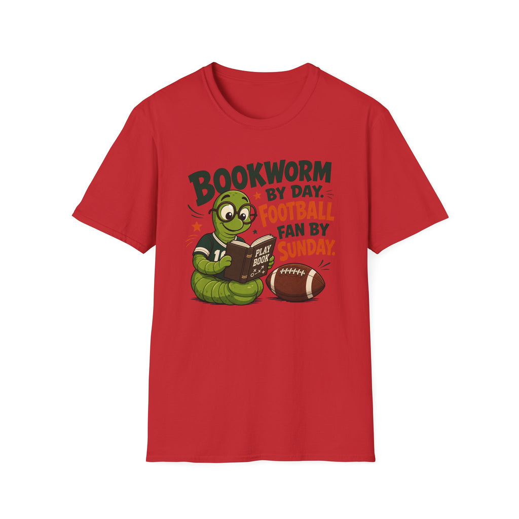 Unisex Softstyle T-Shirt, Bookworm by Day Football Fan by Sunday Shirt, Funny Reader Gift, Football Season Tee