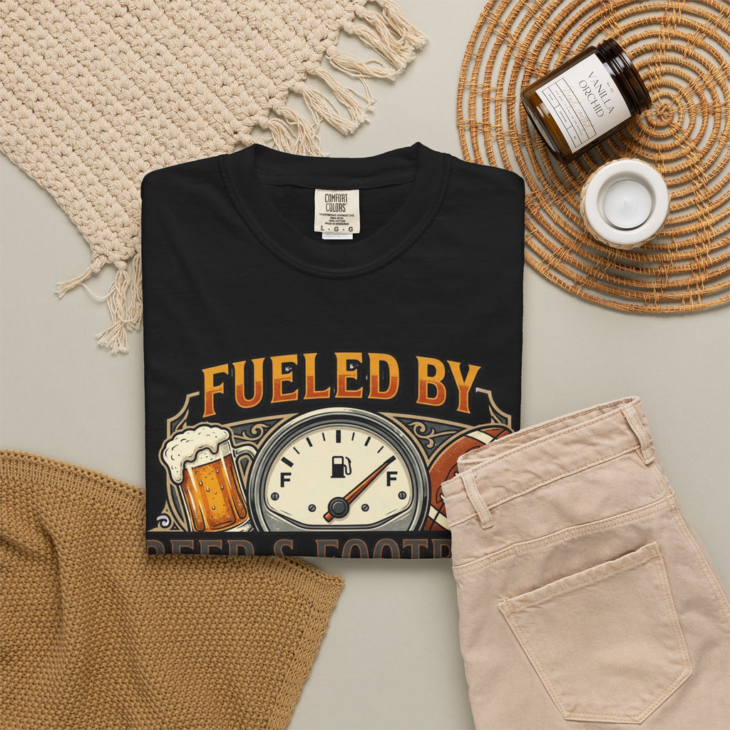 Unisex Garment-Dyed T-shirt,Fueled by Beer and Football Shirt, Funny Game Day Tee, Football Beer Lover Gift, Vintage Tailgate Shirt, Sports Fan T-Shirt
