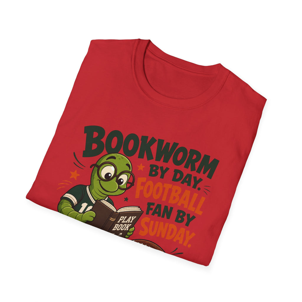 Unisex Softstyle T-Shirt, Bookworm by Day Football Fan by Sunday Shirt, Funny Reader Gift, Football Season Tee