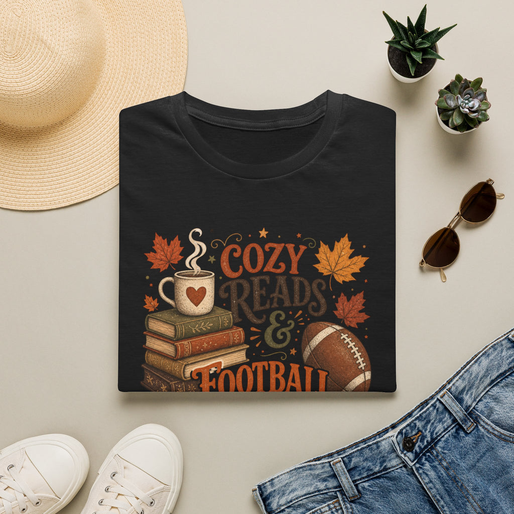 Unisex Softstyle T-Shirt, Cozy Reads and Football Season Shirt, Fall Book Lover Tee, Autumn Game Day Gift