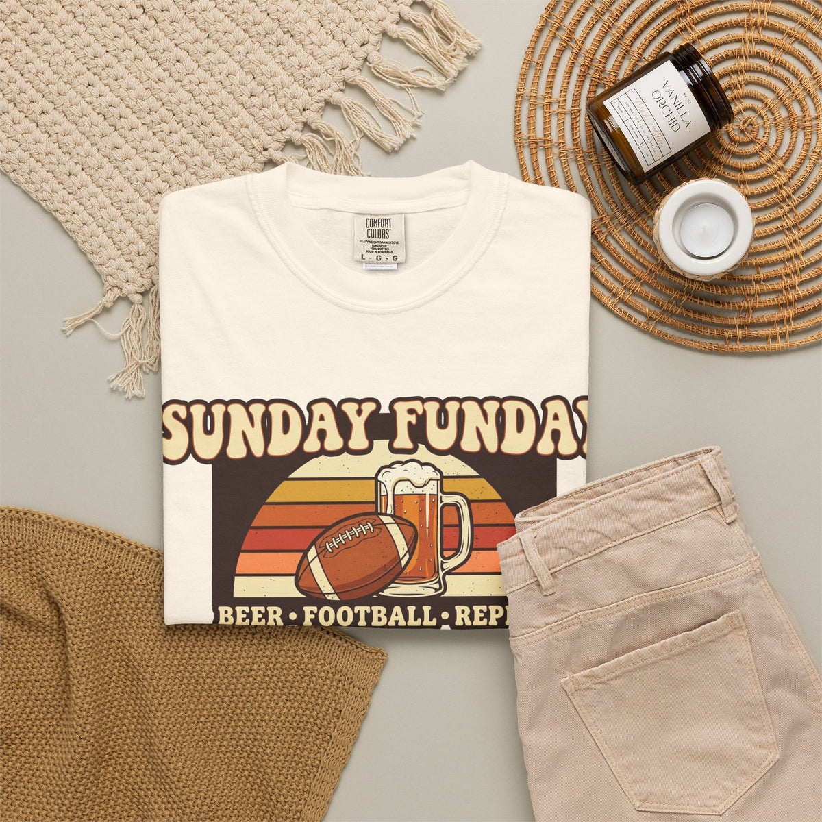 Unisex Garment-Dyed T-shirt, Sunday Funday Football Shirt, Beer Football Repeat Tee, Retro Game Day Shirt, Vintage Football Season Gift, Tailgate T-Shirt