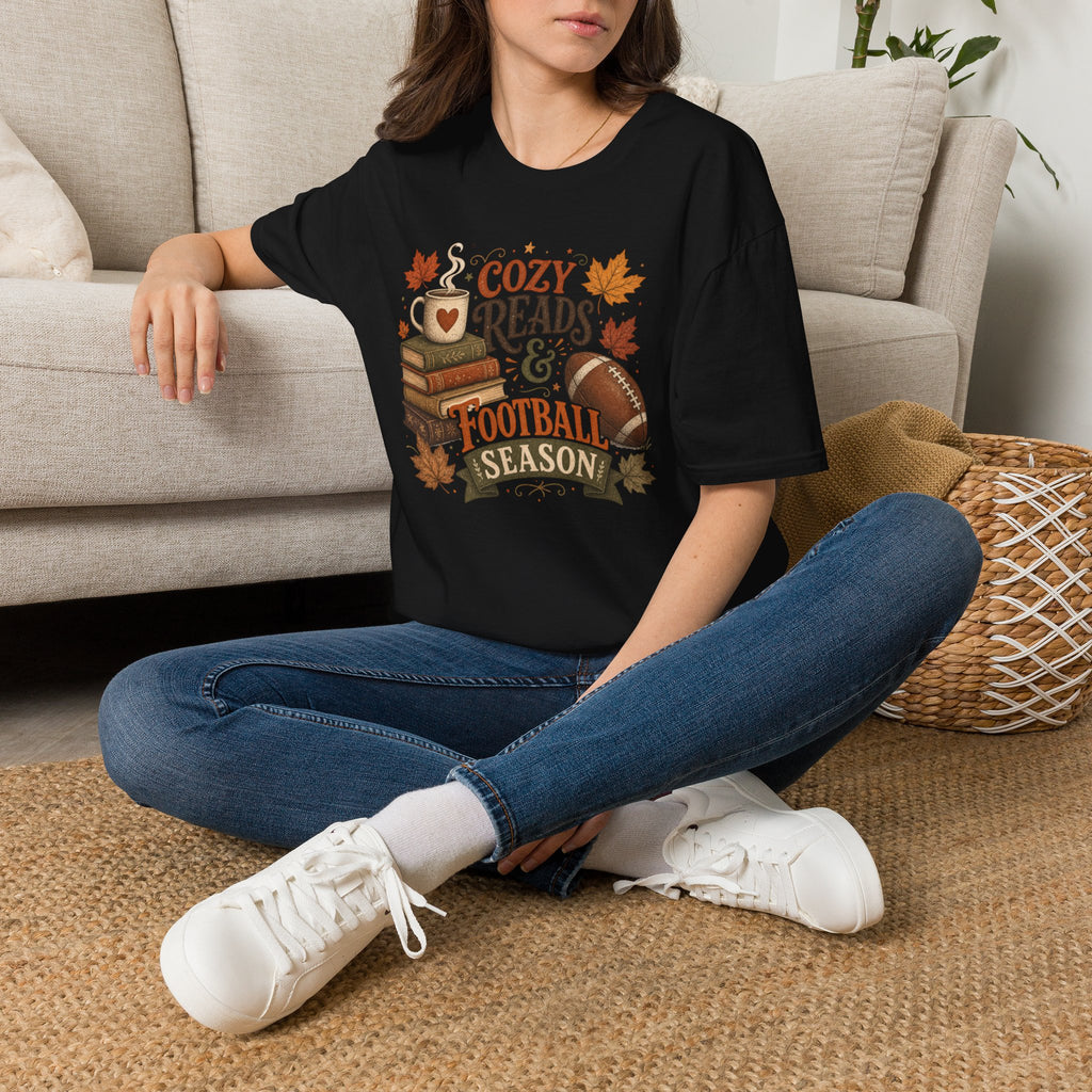 Unisex Softstyle T-Shirt, Cozy Reads and Football Season Shirt, Fall Book Lover Tee, Autumn Game Day Gift