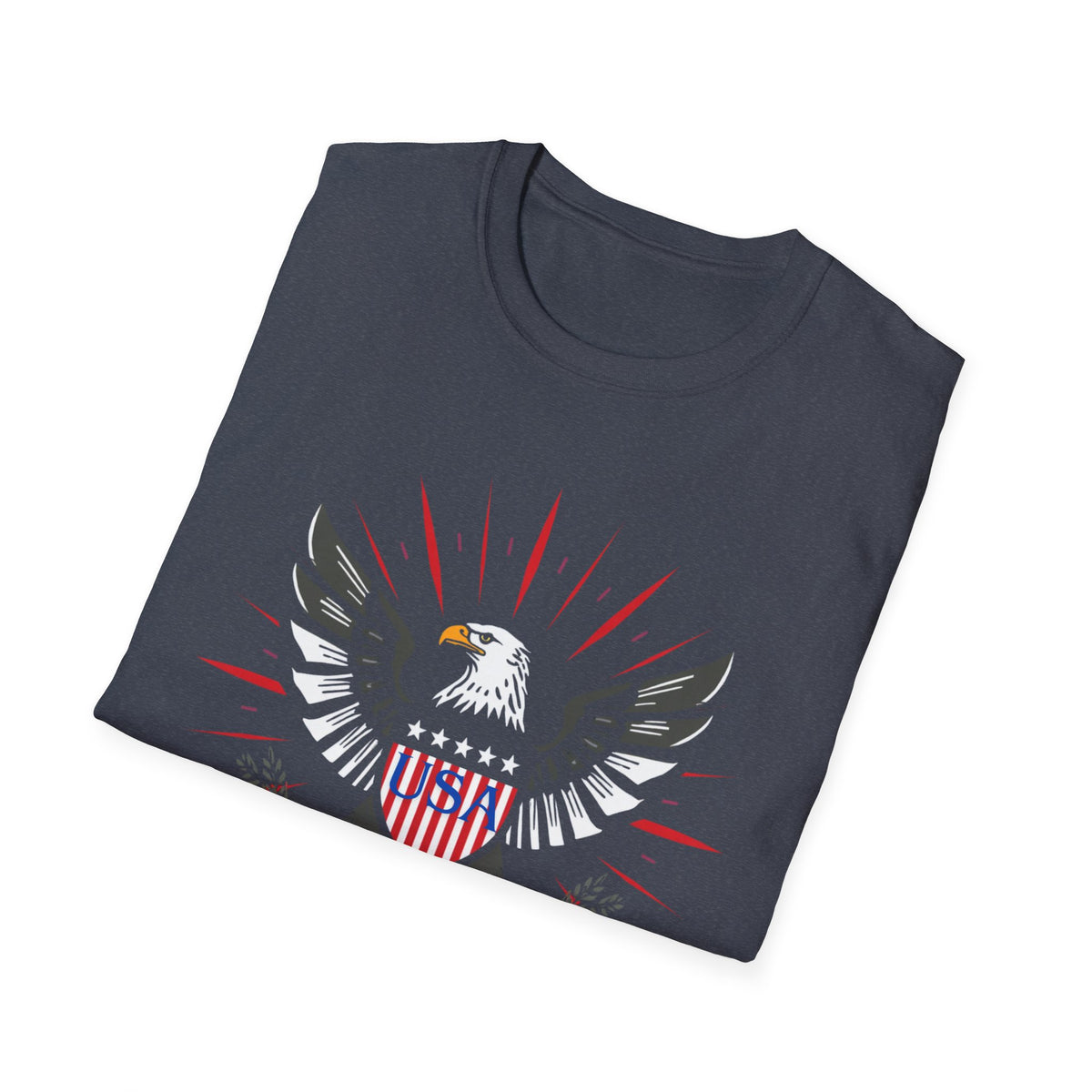 Unisex Softstyle T-Shirt, bold vector emblem, eagle crest, shield badge, patriotic colors, fireworks rays, clean lines, symmetrical design