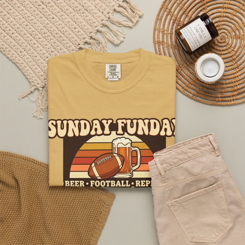Unisex Garment-Dyed T-shirt, Sunday Funday Football Shirt, Beer Football Repeat Tee, Retro Game Day Shirt, Vintage Football Season Gift, Tailgate T-Shirt