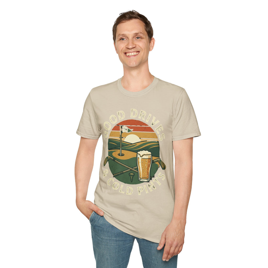 Unisex Softstyle T-Shirt, Good Drives and Cold Pints Shirt, Vintage Golf Beer T-Shirt, Golf Trip Gift