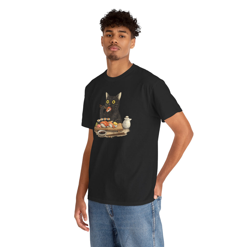 Unisex Heavy Cotton Tee, cat eating sushi
