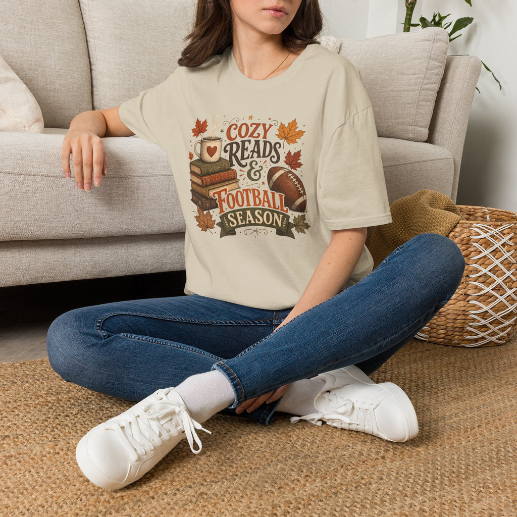 Unisex Softstyle T-Shirt, Cozy Reads and Football Season Shirt, Fall Book Lover Tee, Autumn Game Day Gift