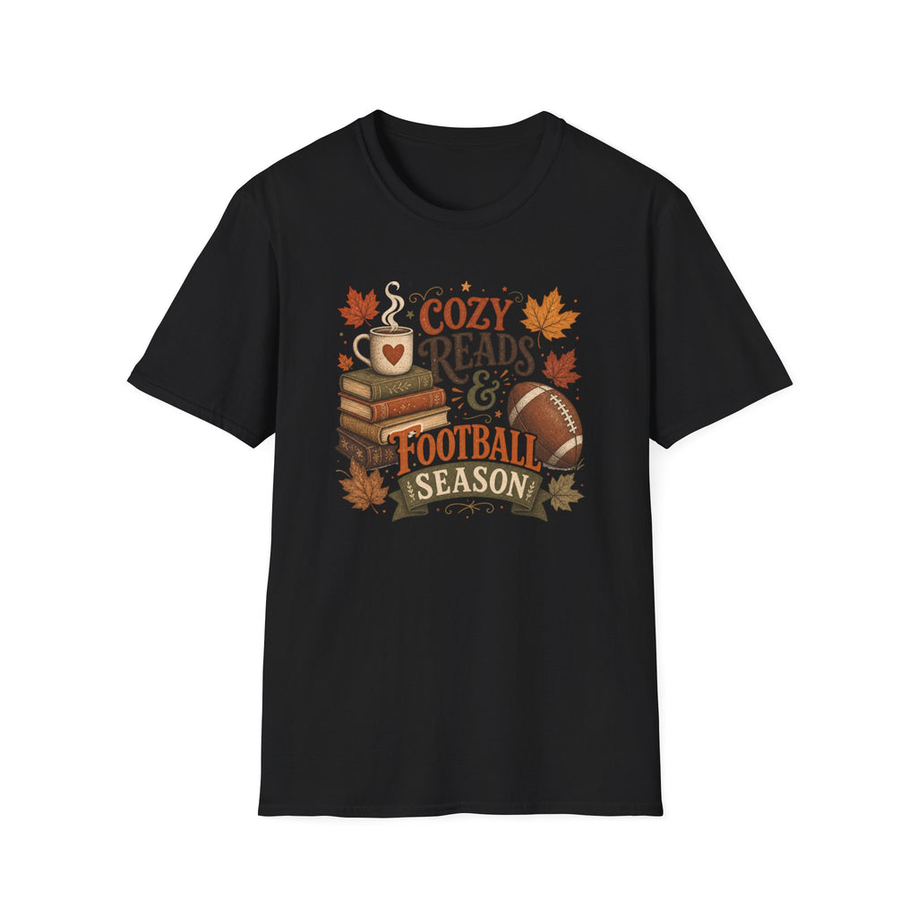 Unisex Softstyle T-Shirt, Cozy Reads and Football Season Shirt, Fall Book Lover Tee, Autumn Game Day Gift